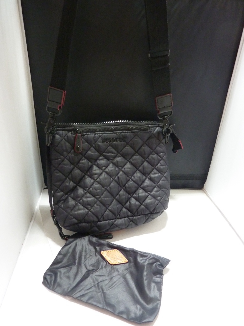 MZ Wallace Black Quilted Nylon Shoulder Bag With Pockets & Adj. Strap +Cosm. Bag